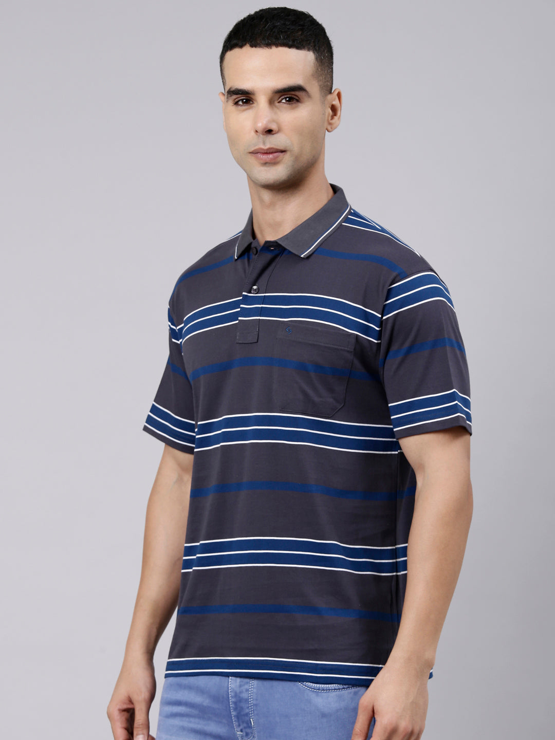 Classic Polo Men's Half Sleeve Dark Grey Polo Neck Authentic Fit Striped Cotton Blend T-Shirt | LTS-STR - 146 B AF P