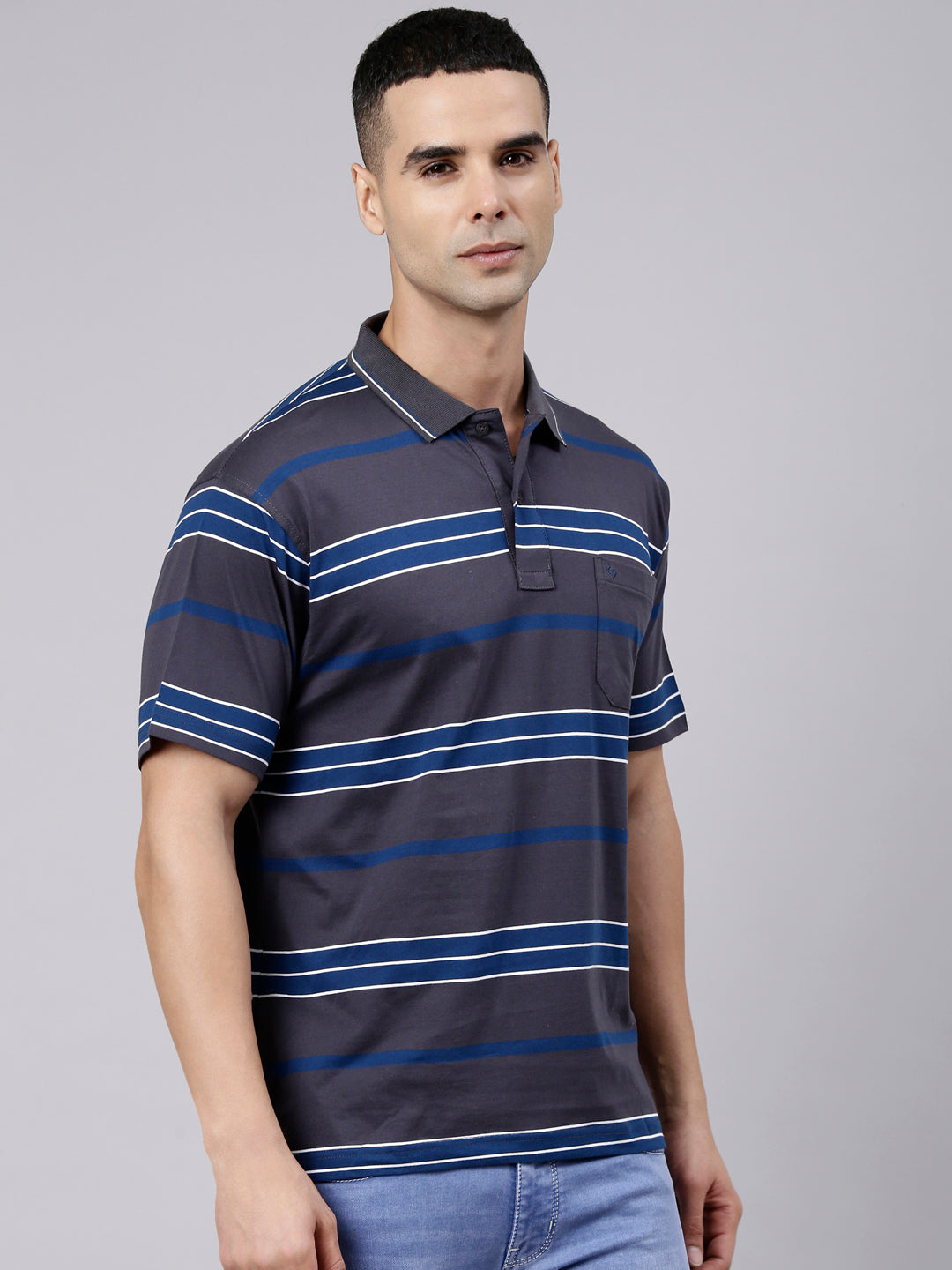 Classic Polo Men's Half Sleeve Dark Grey Polo Neck Authentic Fit Striped Cotton Blend T-Shirt | LTS-STR - 146 B AF P
