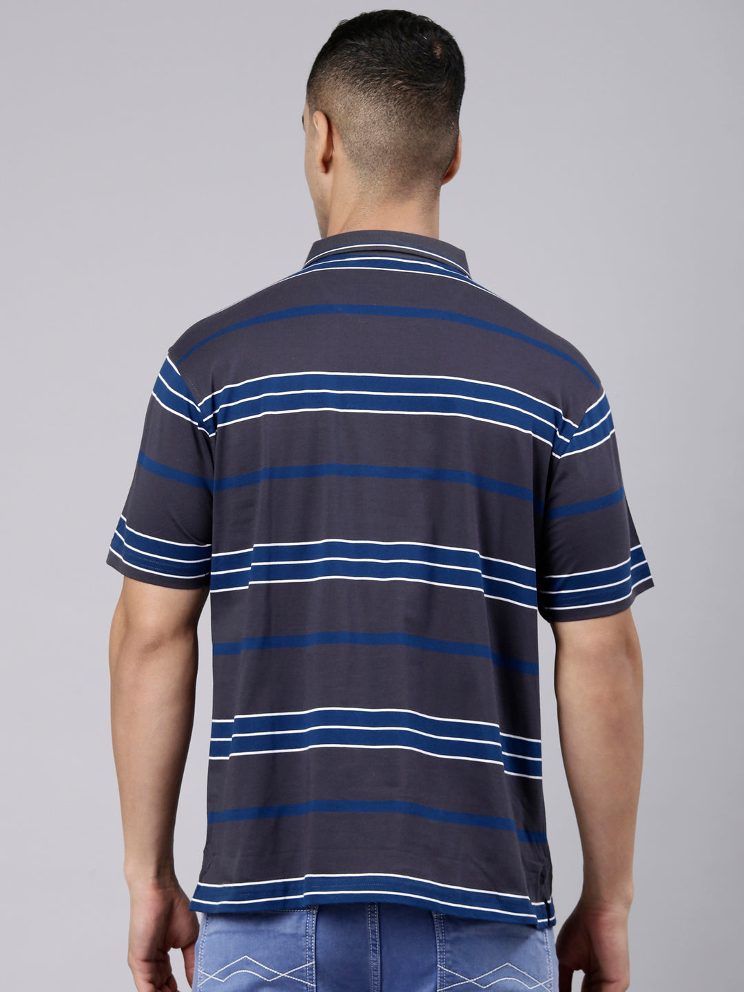 Classic Polo Men's Half Sleeve Dark Grey Polo Neck Authentic Fit Striped Cotton Blend T-Shirt | LTS-STR - 146 B AF P