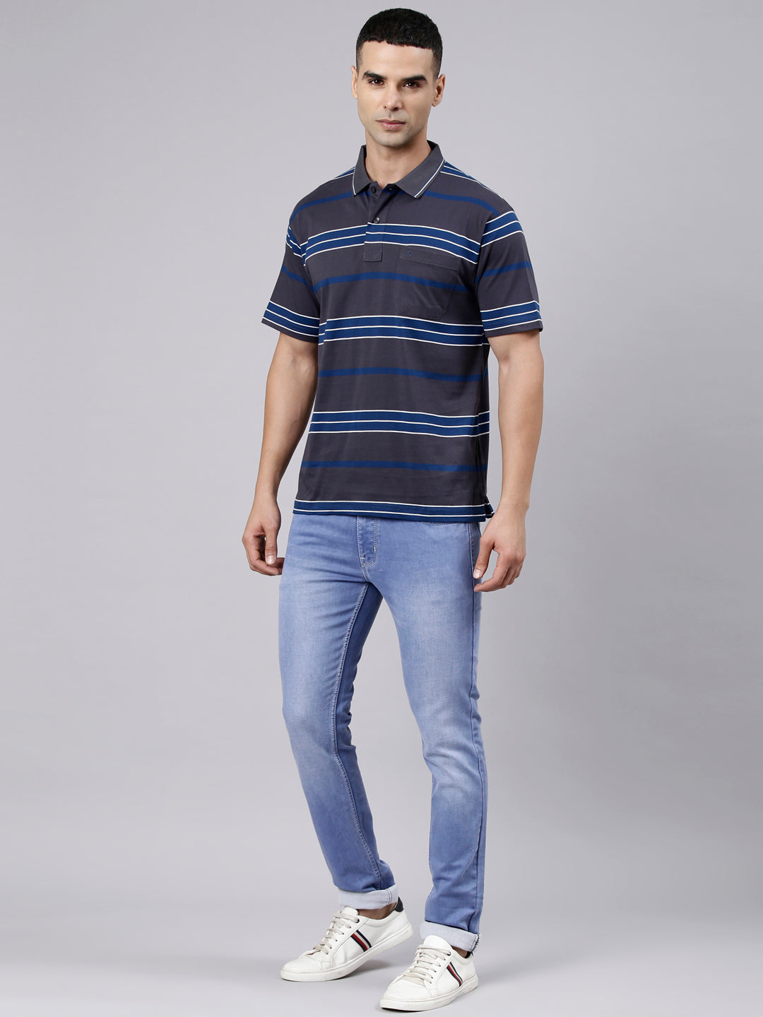 Classic Polo Men's Half Sleeve Dark Grey Polo Neck Authentic Fit Striped Cotton Blend T-Shirt | LTS-STR - 146 B AF P