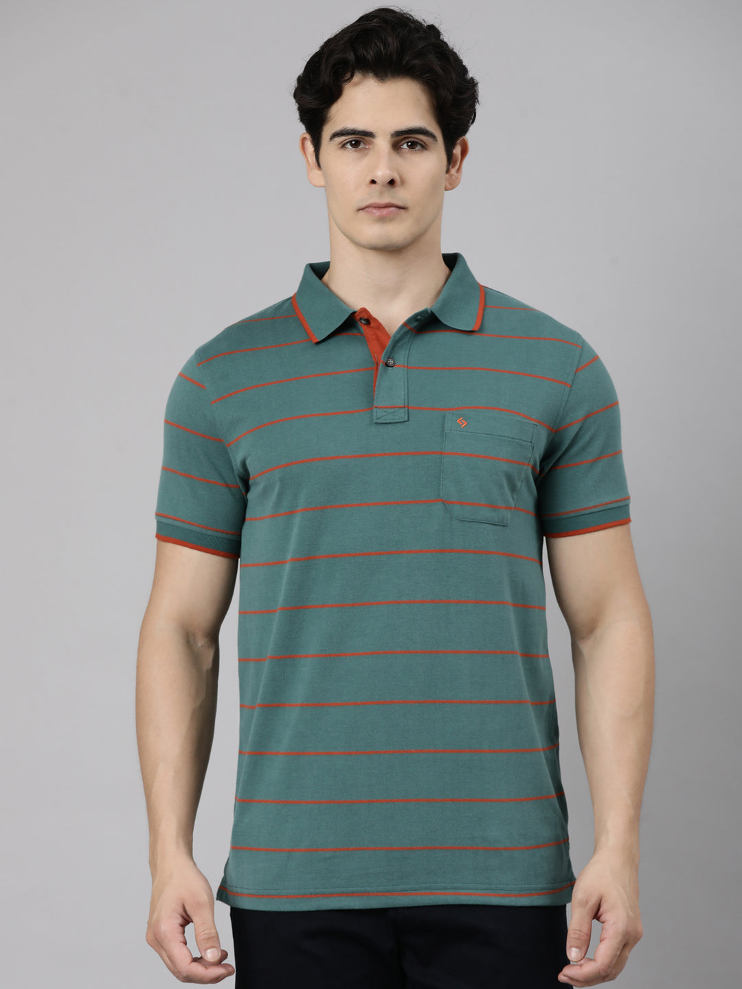 Classic Polo Men's Half Sleeve Dark Green Polo Neck Slim Fit Striped Cotton Blend T-Shirt | LTS-STR - 148 A SF P