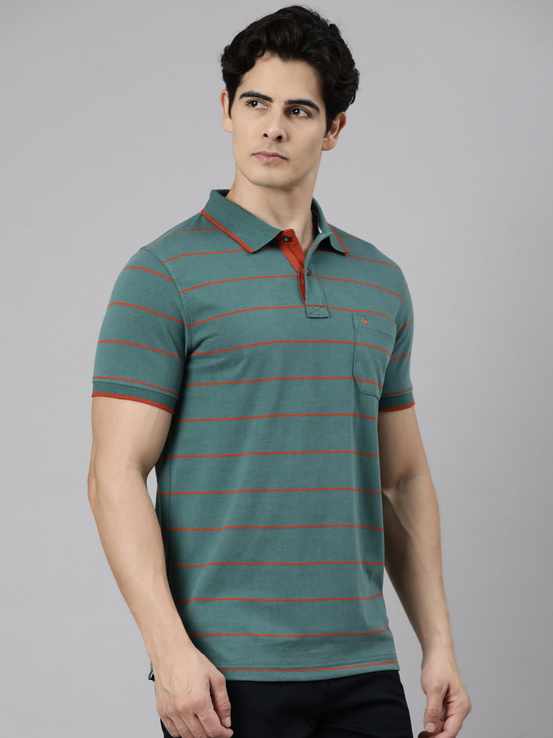 Classic Polo Men's Half Sleeve Dark Green Polo Neck Slim Fit Striped Cotton Blend T-Shirt | LTS-STR - 148 A SF P