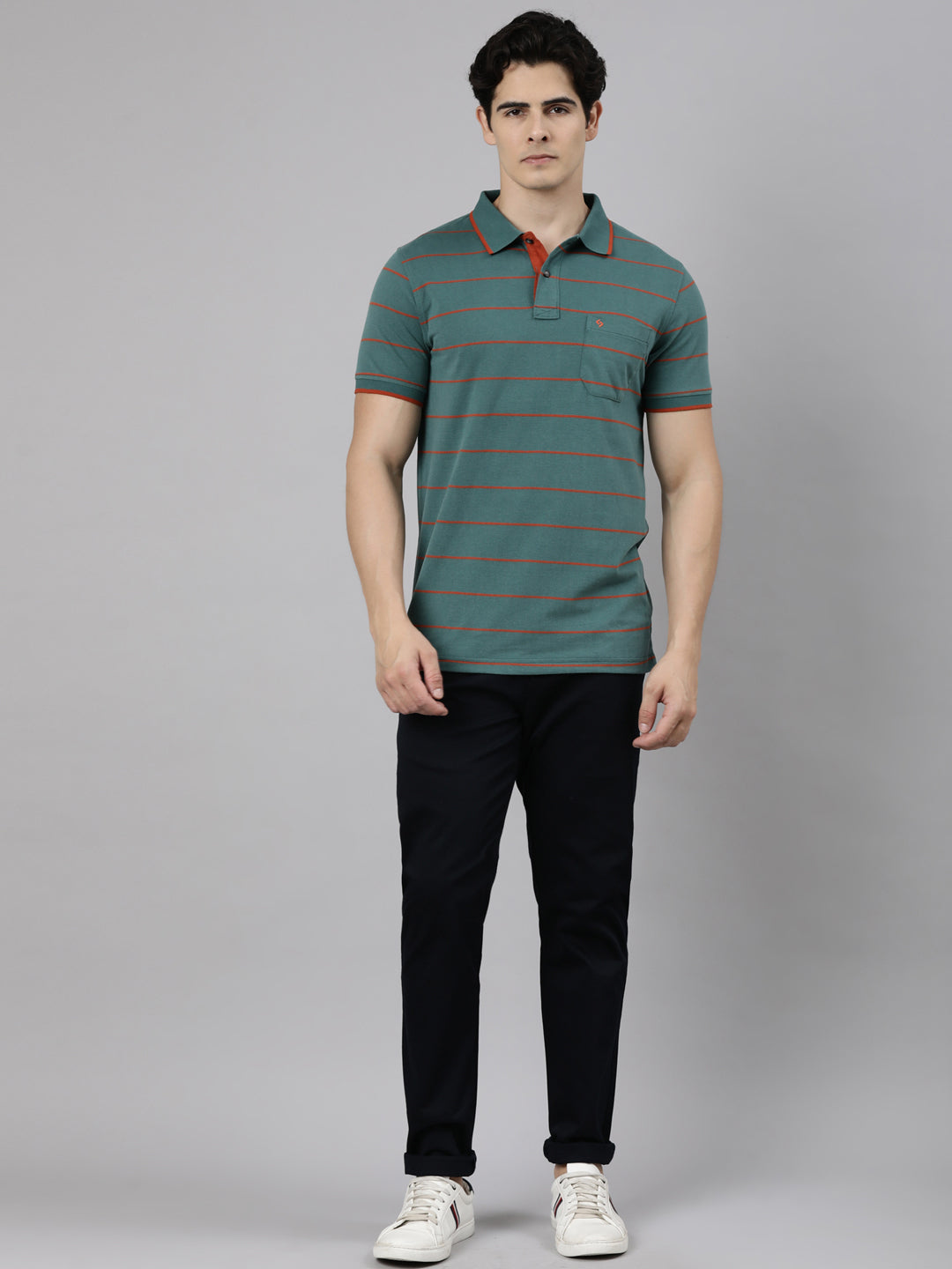 Classic Polo Men's Half Sleeve Dark Green Polo Neck Slim Fit Striped Cotton Blend T-Shirt | LTS-STR - 148 A SF P