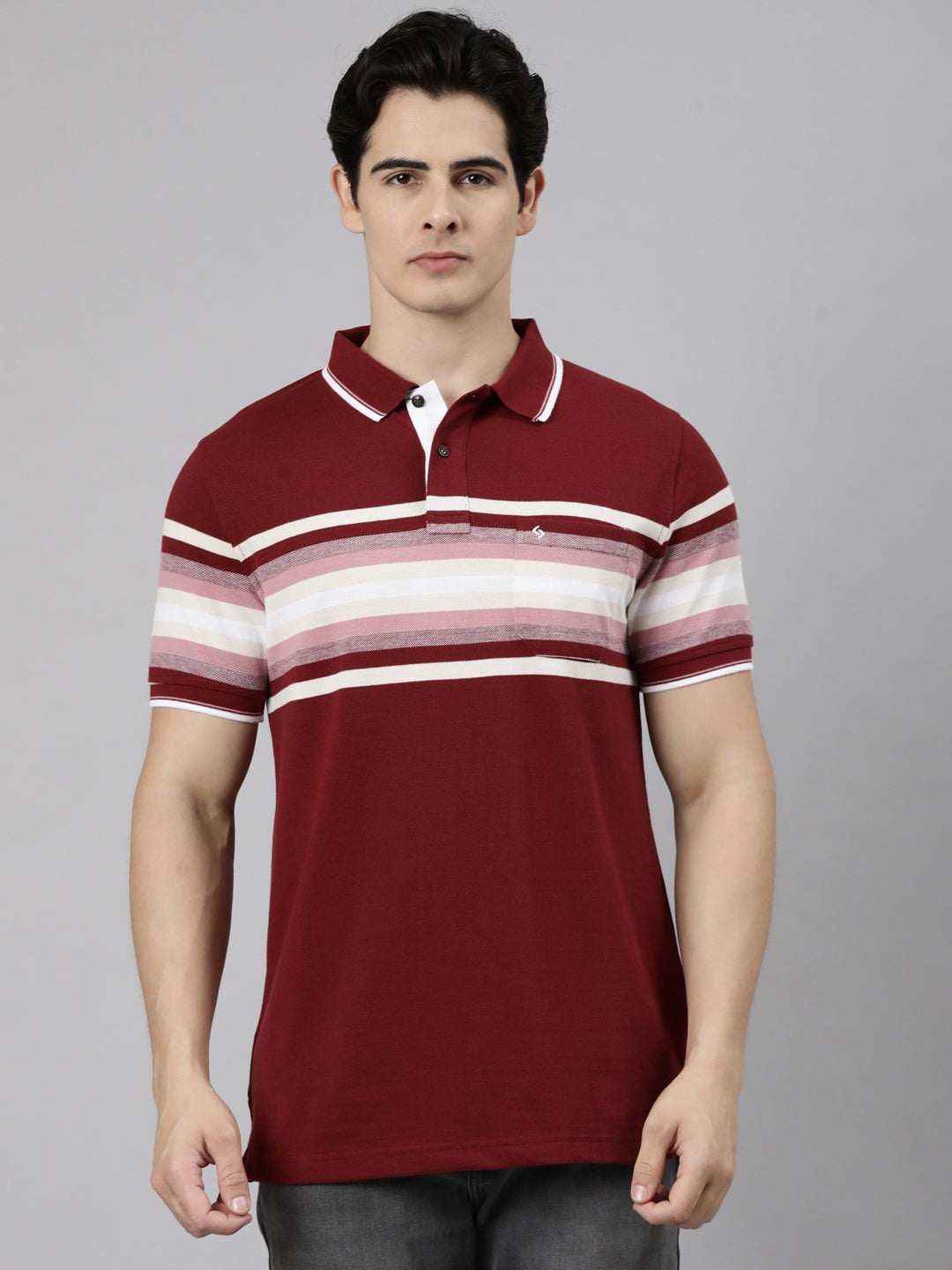 Classic Polo Men's Half Sleeve Maroon Polo Neck Slim Fit Striped Cotton Blend T-Shirt | LTS-STR - 153 B SF P