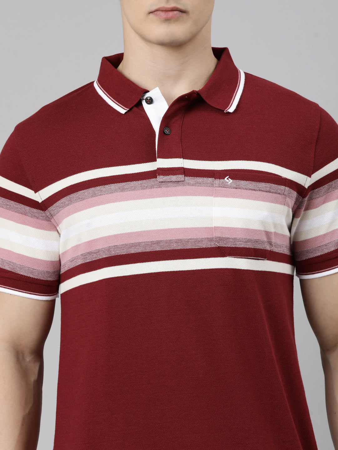 Classic Polo Men's Half Sleeve Maroon Polo Neck Slim Fit Striped Cotton Blend T-Shirt | LTS-STR - 153 B SF P