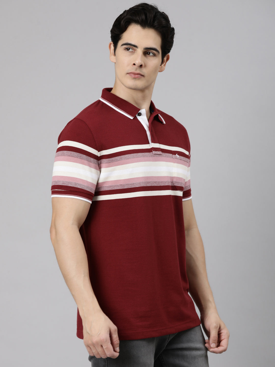 Classic Polo Men's Half Sleeve Maroon Polo Neck Slim Fit Striped Cotton Blend T-Shirt | LTS-STR - 153 B SF P