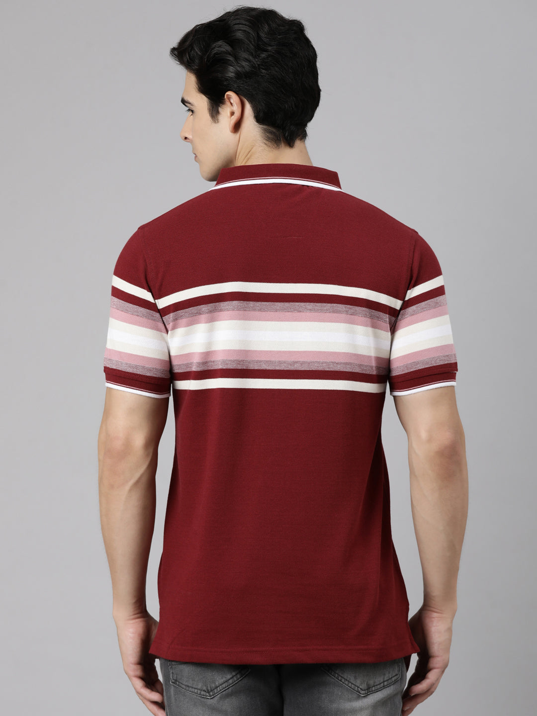 Classic Polo Men's Half Sleeve Maroon Polo Neck Slim Fit Striped Cotton Blend T-Shirt | LTS-STR - 153 B SF P