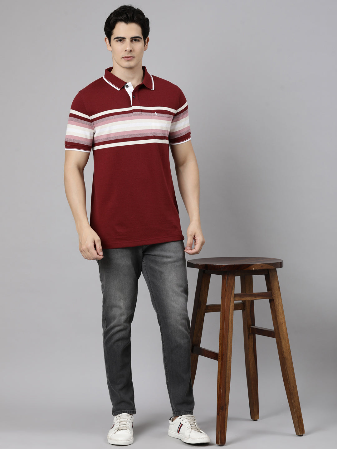 Classic Polo Men's Half Sleeve Maroon Polo Neck Slim Fit Striped Cotton Blend T-Shirt | LTS-STR - 153 B SF P