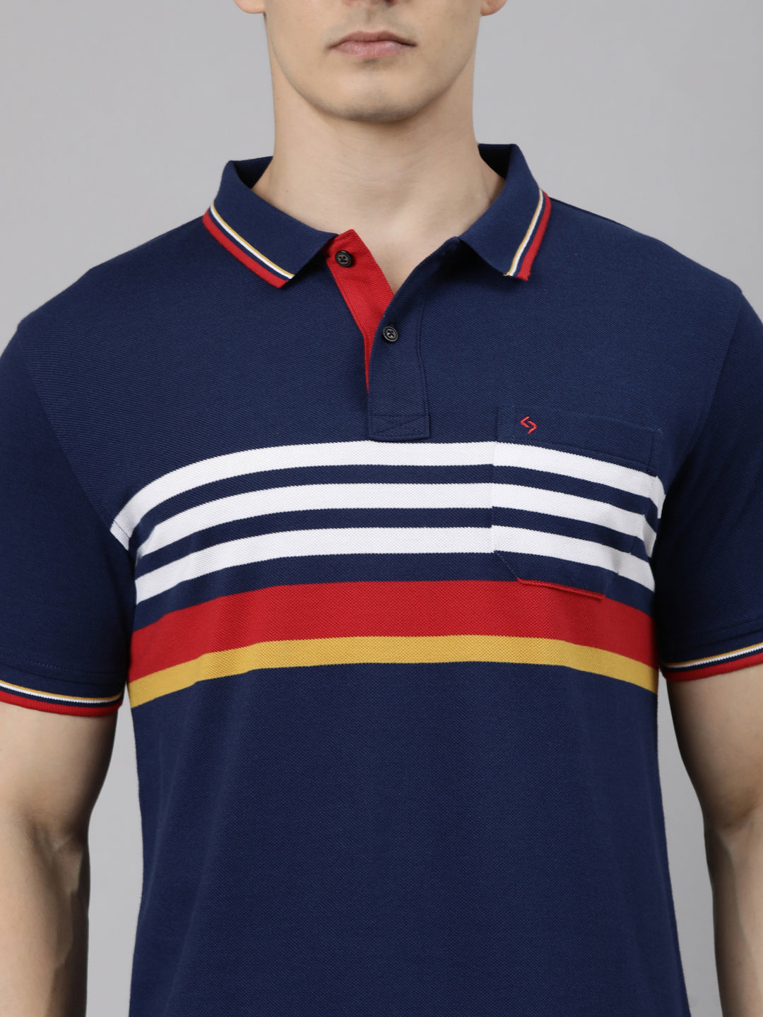 Classic Polo Men's Half Sleeve Navy Blue Polo Neck Slim Fit Striped Cotton Blend T-Shirt | LTS-STR - 154 B SF P