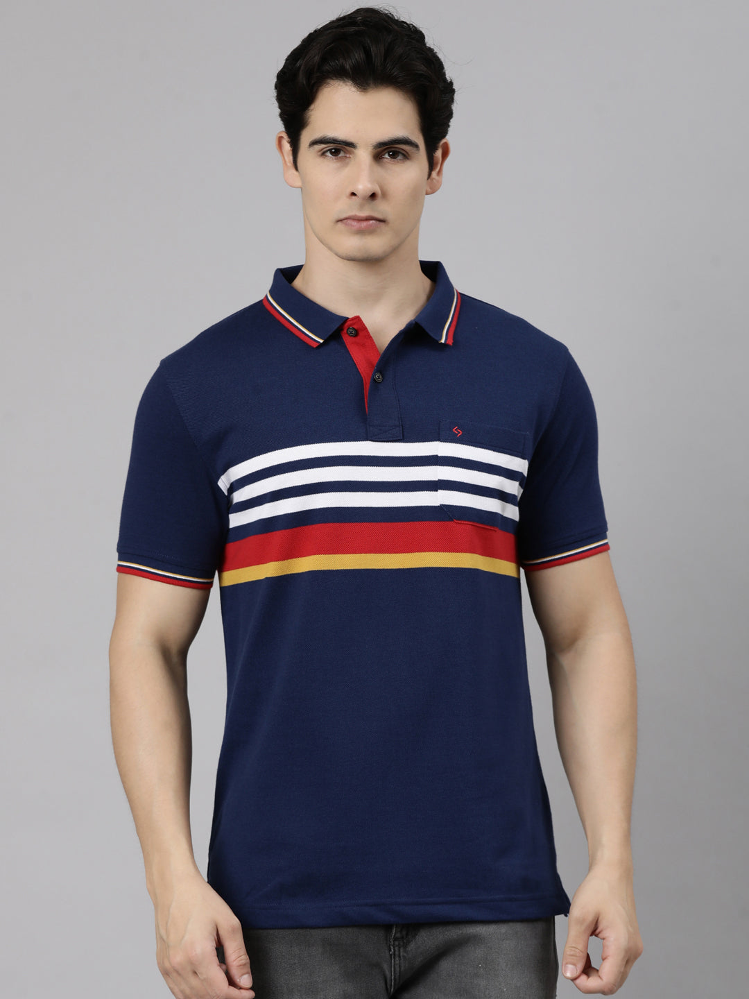 Classic Polo Men's Half Sleeve Navy Blue Polo Neck Slim Fit Striped Cotton Blend T-Shirt | LTS-STR - 154 B SF P