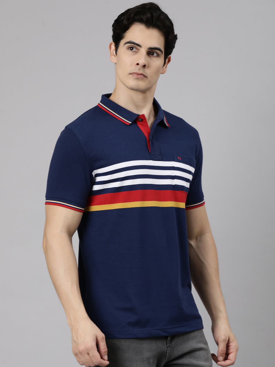 Classic Polo Men's Half Sleeve Navy Blue Polo Neck Slim Fit Striped Cotton Blend T-Shirt | LTS-STR - 154 B SF P