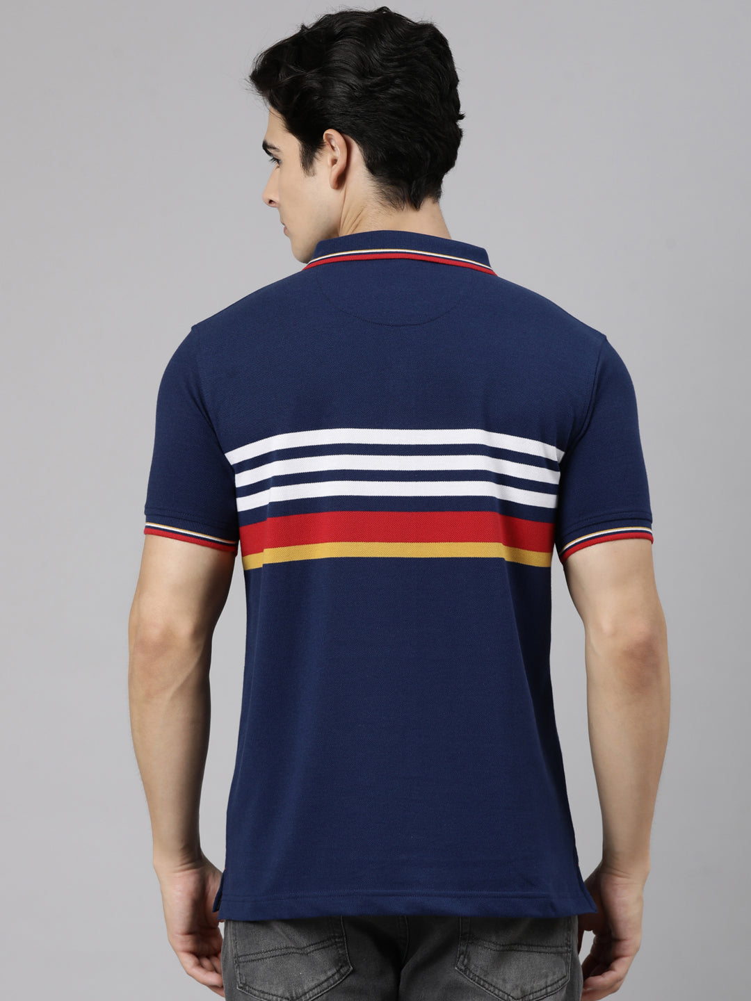 Classic Polo Men's Half Sleeve Navy Blue Polo Neck Slim Fit Striped Cotton Blend T-Shirt | LTS-STR - 154 B SF P