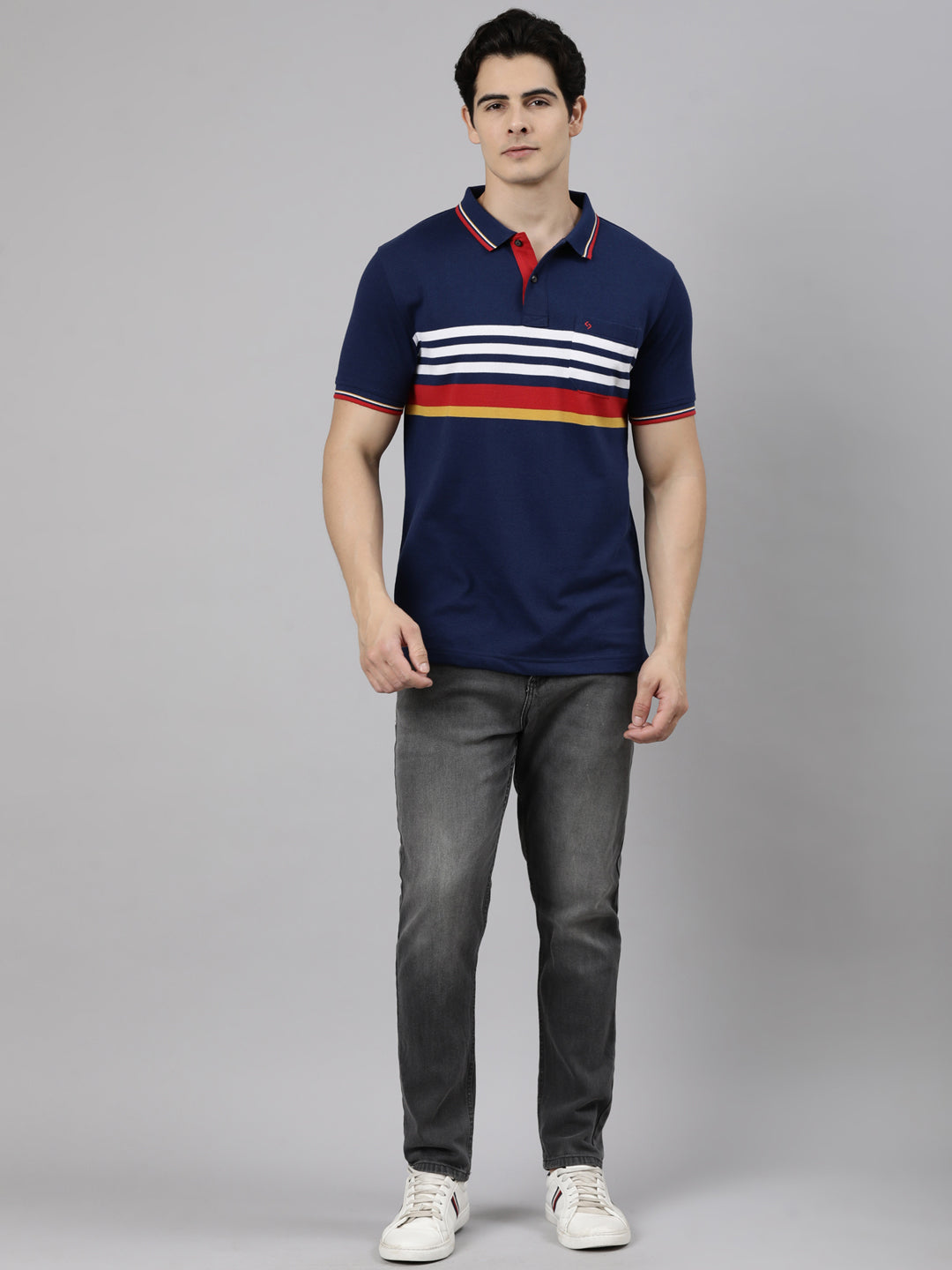 Classic Polo Men's Half Sleeve Navy Blue Polo Neck Slim Fit Striped Cotton Blend T-Shirt | LTS-STR - 154 B SF P