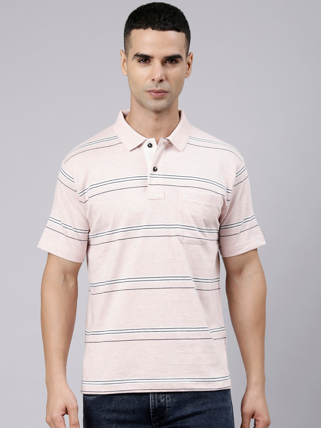Classic Polo Men's Half Sleeve Light Pink Polo Neck Authentic Fit Striped Cotton Blend T-Shirt | MEL - 282 A AF P
