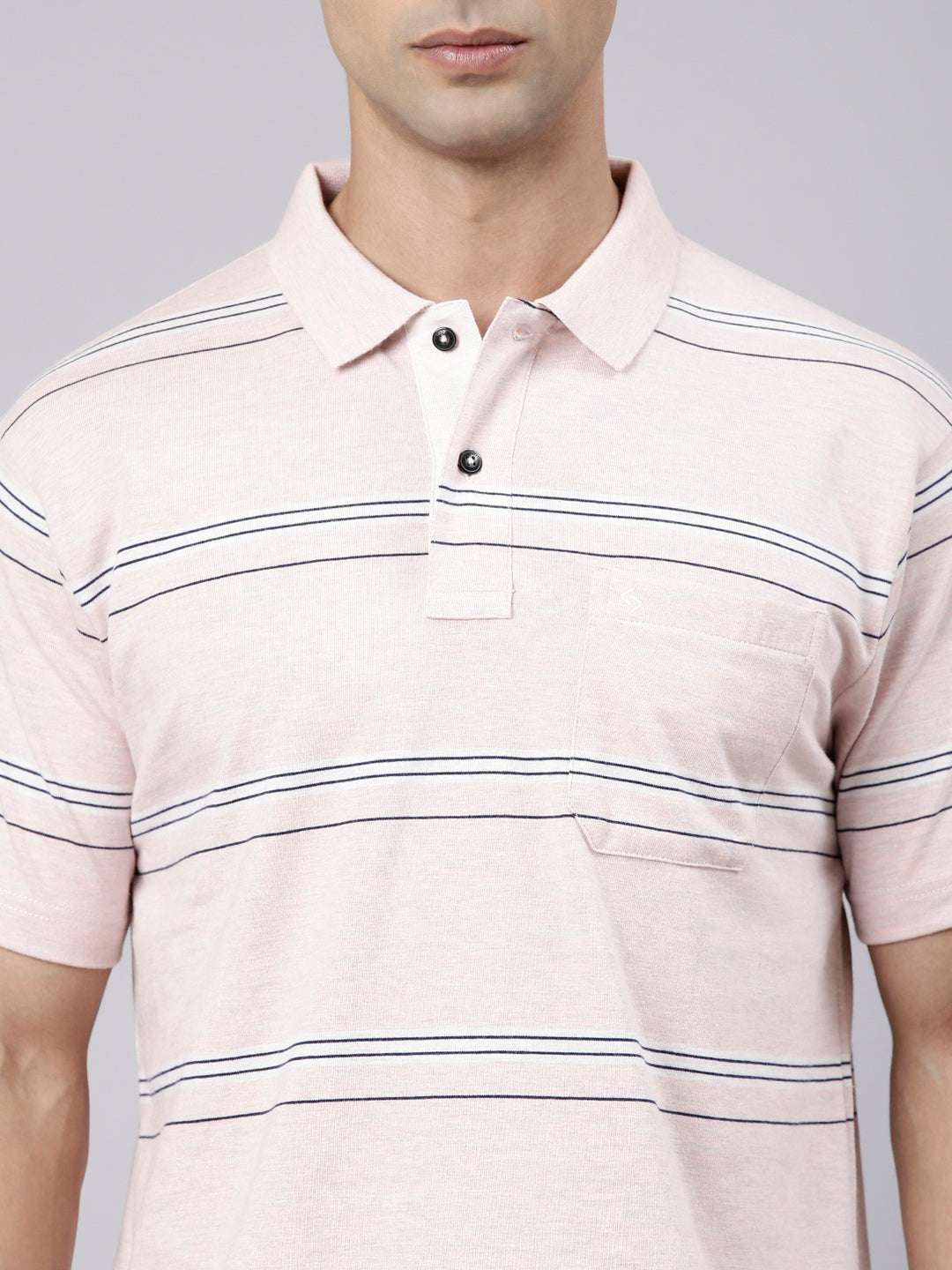 Classic Polo Men's Half Sleeve Light Pink Polo Neck Authentic Fit Striped Cotton Blend T-Shirt | MEL - 282 A AF P