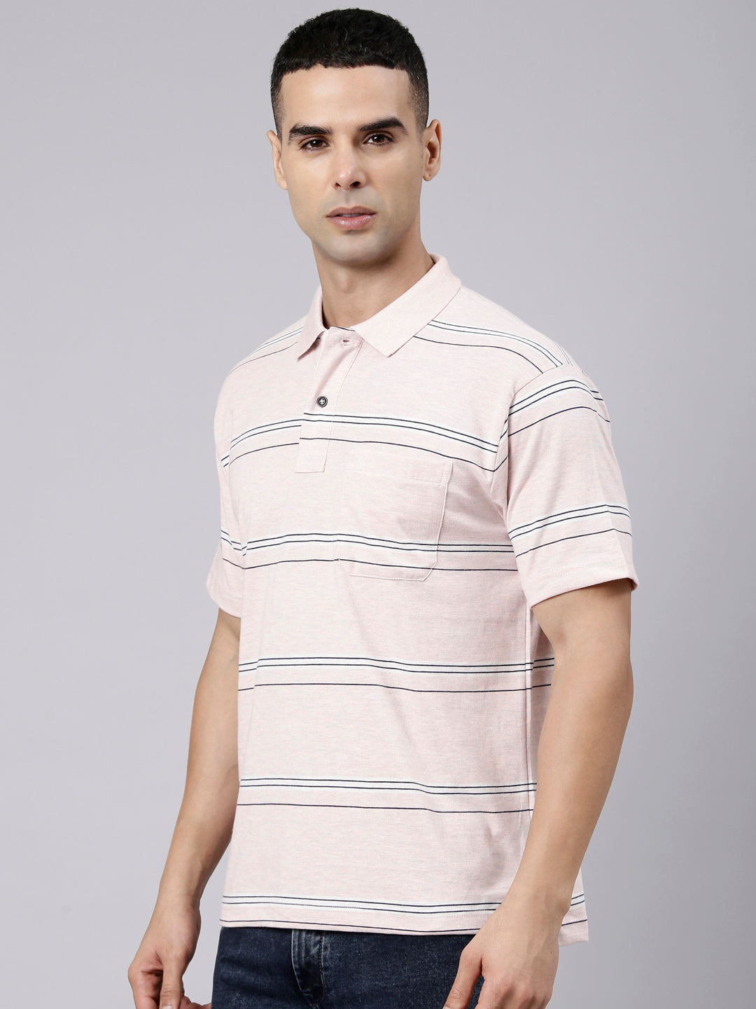 Classic Polo Men's Half Sleeve Light Pink Polo Neck Authentic Fit Striped Cotton Blend T-Shirt | MEL - 282 A AF P