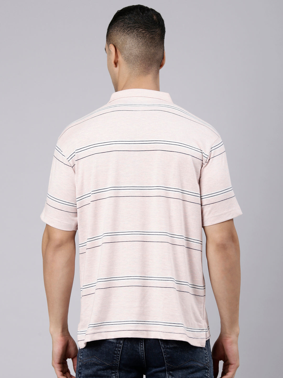 Classic Polo Men's Half Sleeve Light Pink Polo Neck Authentic Fit Striped Cotton Blend T-Shirt | MEL - 282 A AF P