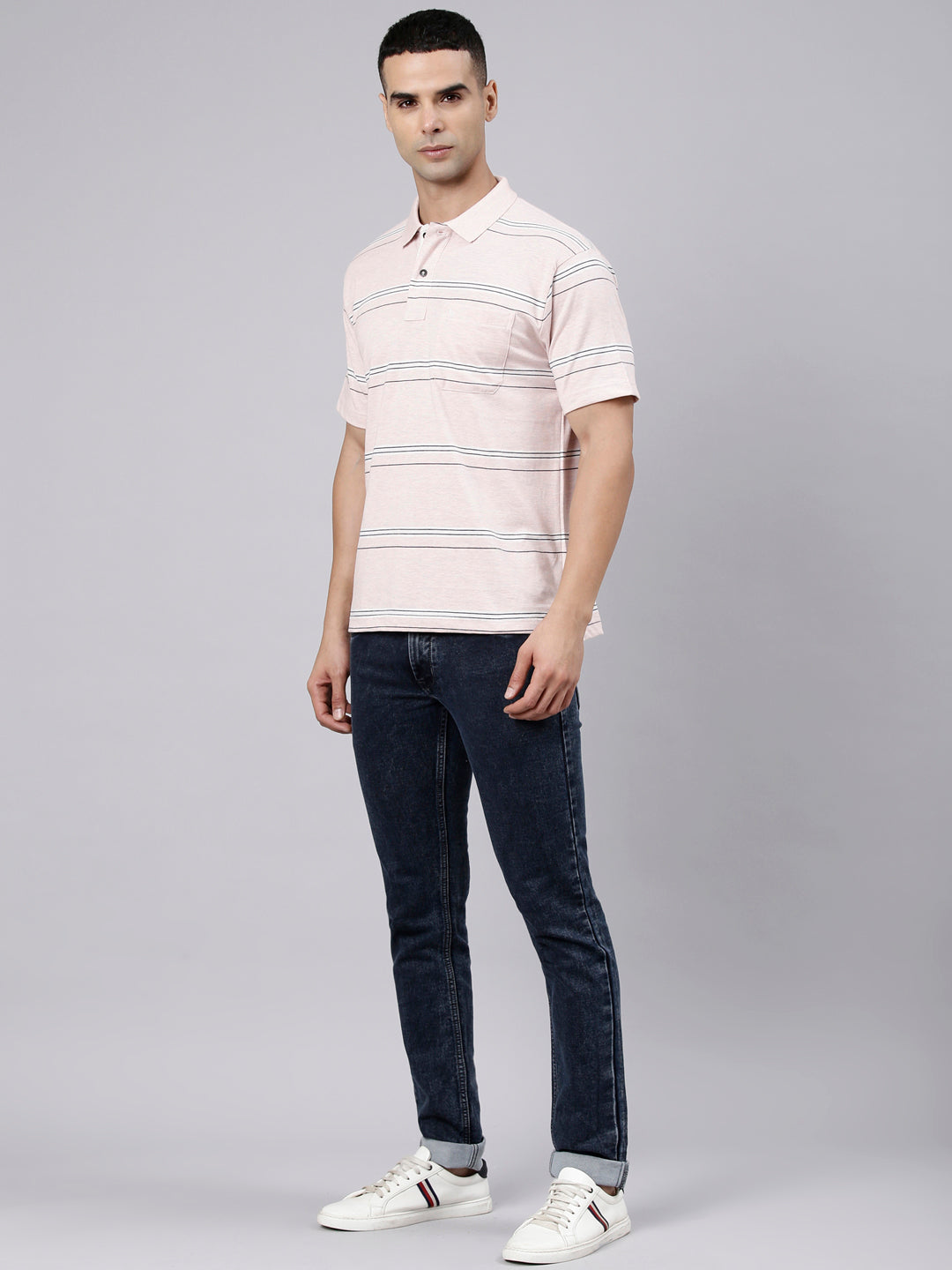Classic Polo Men's Half Sleeve Light Pink Polo Neck Authentic Fit Striped Cotton Blend T-Shirt | MEL - 282 A AF P