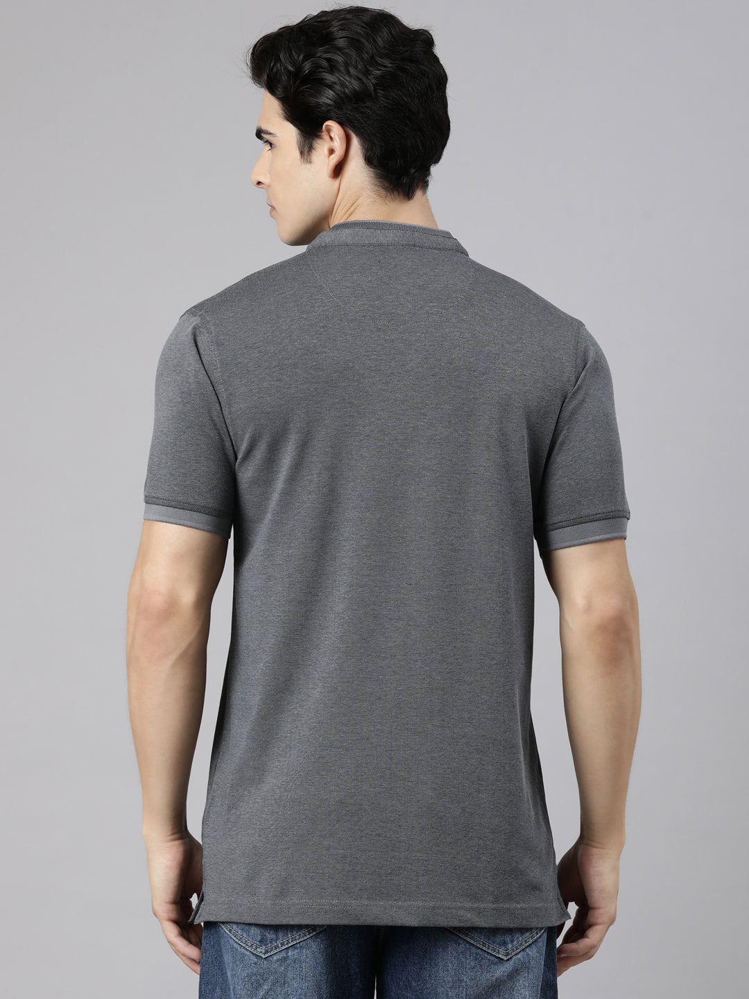 Classic Polo Men's Half Sleeve Charcoal Grey Mandarin Collar Slim Fit Solid Cotton T-Shirt | PRM - 813 A SF P