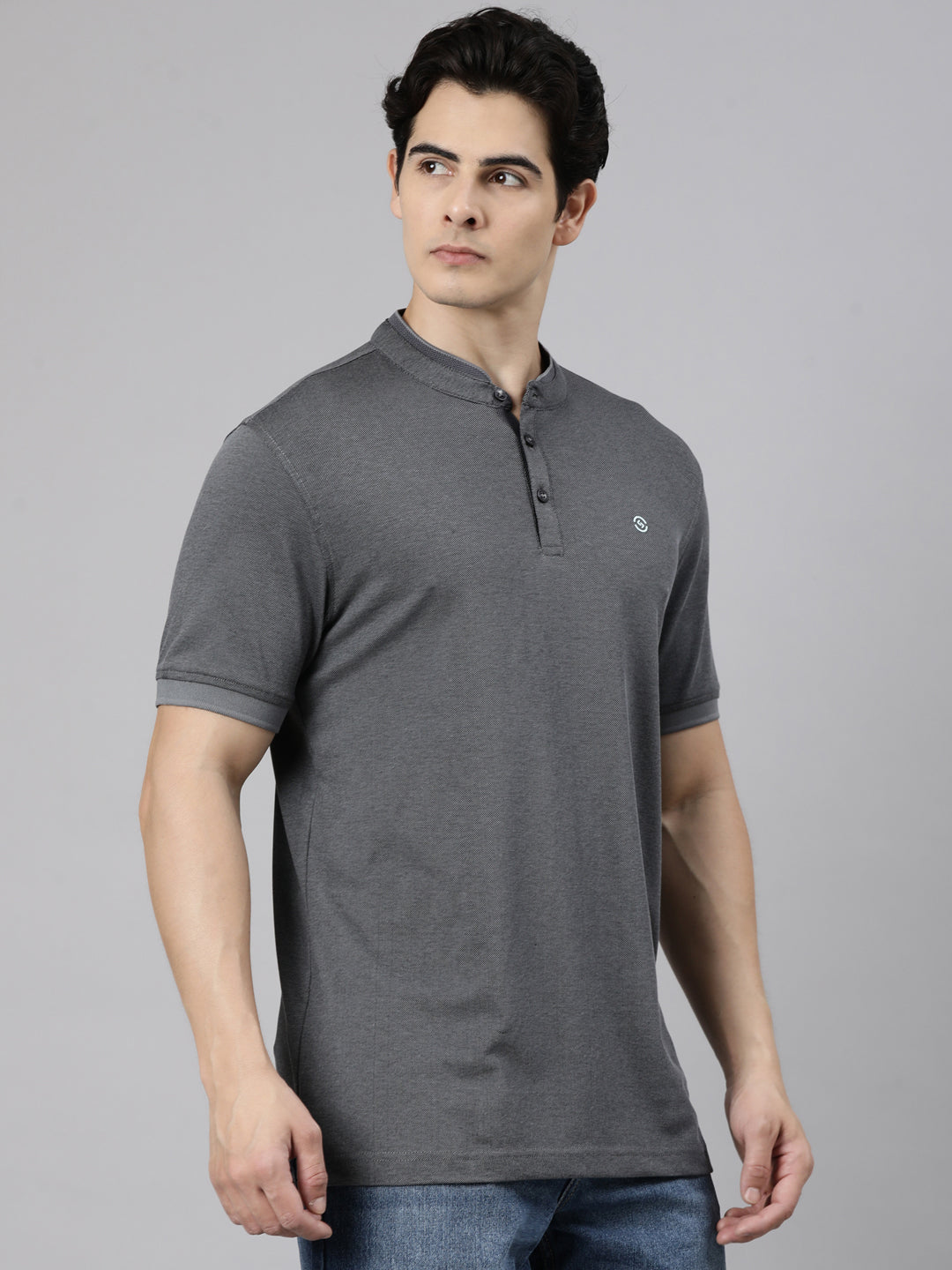 Classic Polo Men's Half Sleeve Charcoal Grey Mandarin Collar Slim Fit Solid Cotton T-Shirt | PRM - 813 A SF P