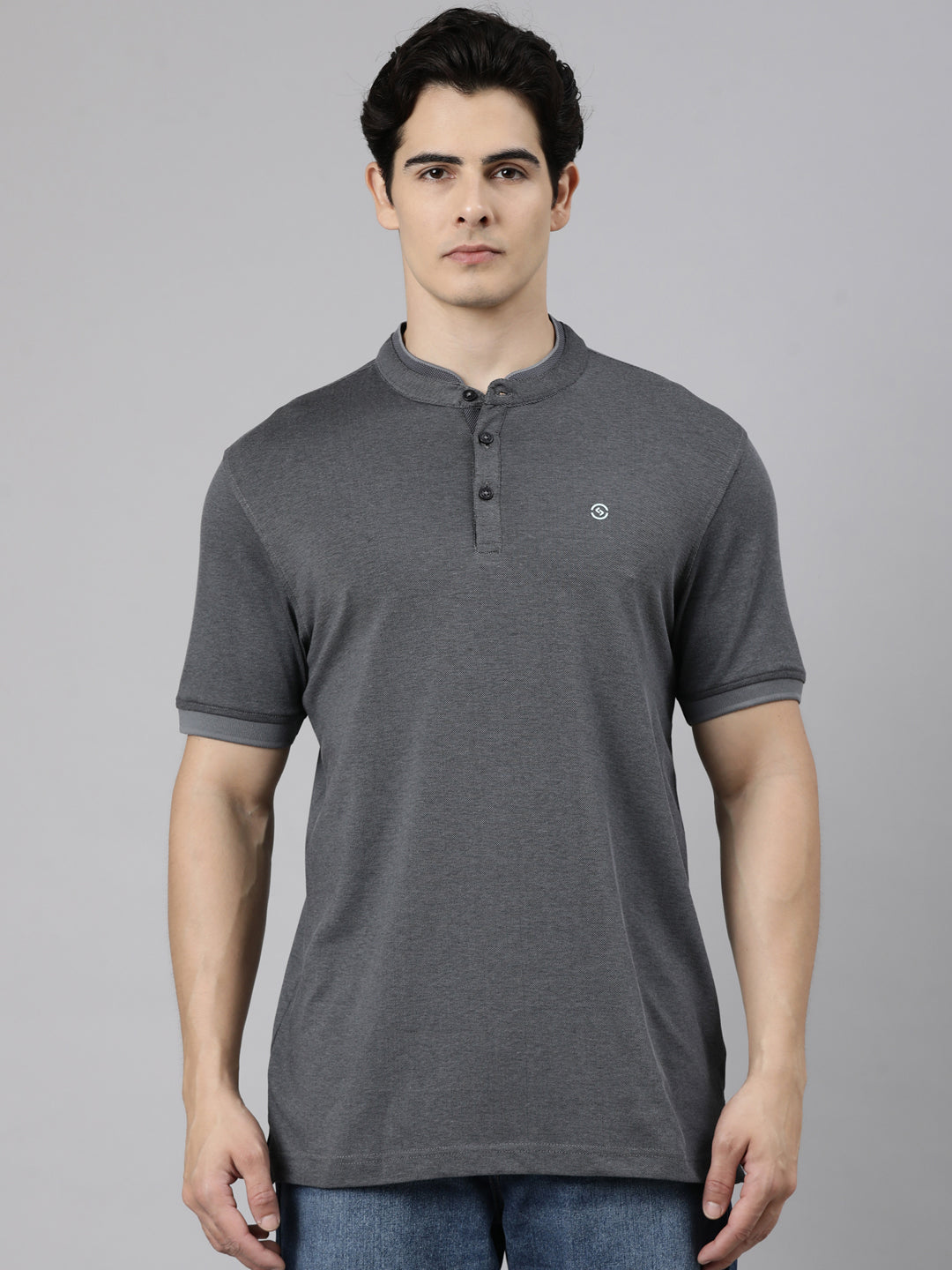 Classic Polo Men's Half Sleeve Charcoal Grey Mandarin Collar Slim Fit Solid Cotton T-Shirt | PRM - 813 A SF P