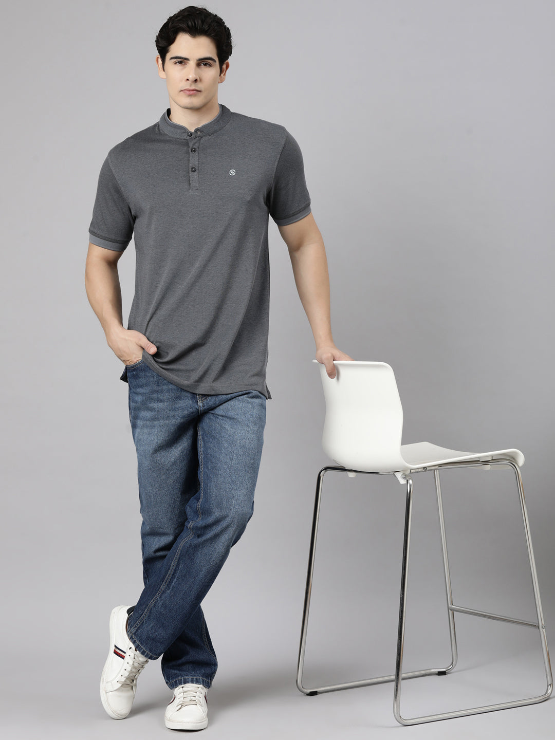 Classic Polo Men's Half Sleeve Charcoal Grey Mandarin Collar Slim Fit Solid Cotton T-Shirt | PRM - 813 A SF P