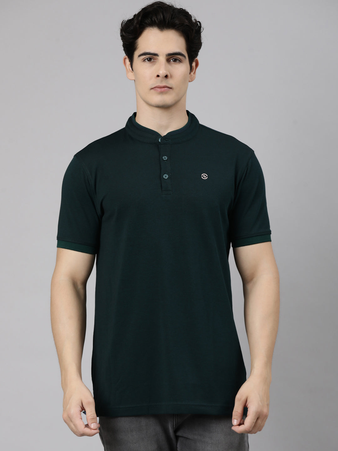 Classic Polo Men's Half Sleeve Emerald Green Mandarin Collar Slim Fit Solid Cotton T-Shirt | PRM - 813 B SF P