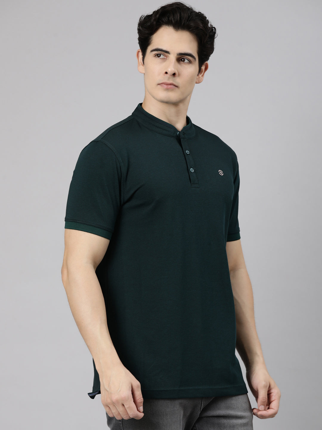Classic Polo Men's Half Sleeve Emerald Green Mandarin Collar Slim Fit Solid Cotton T-Shirt | PRM - 813 B SF P