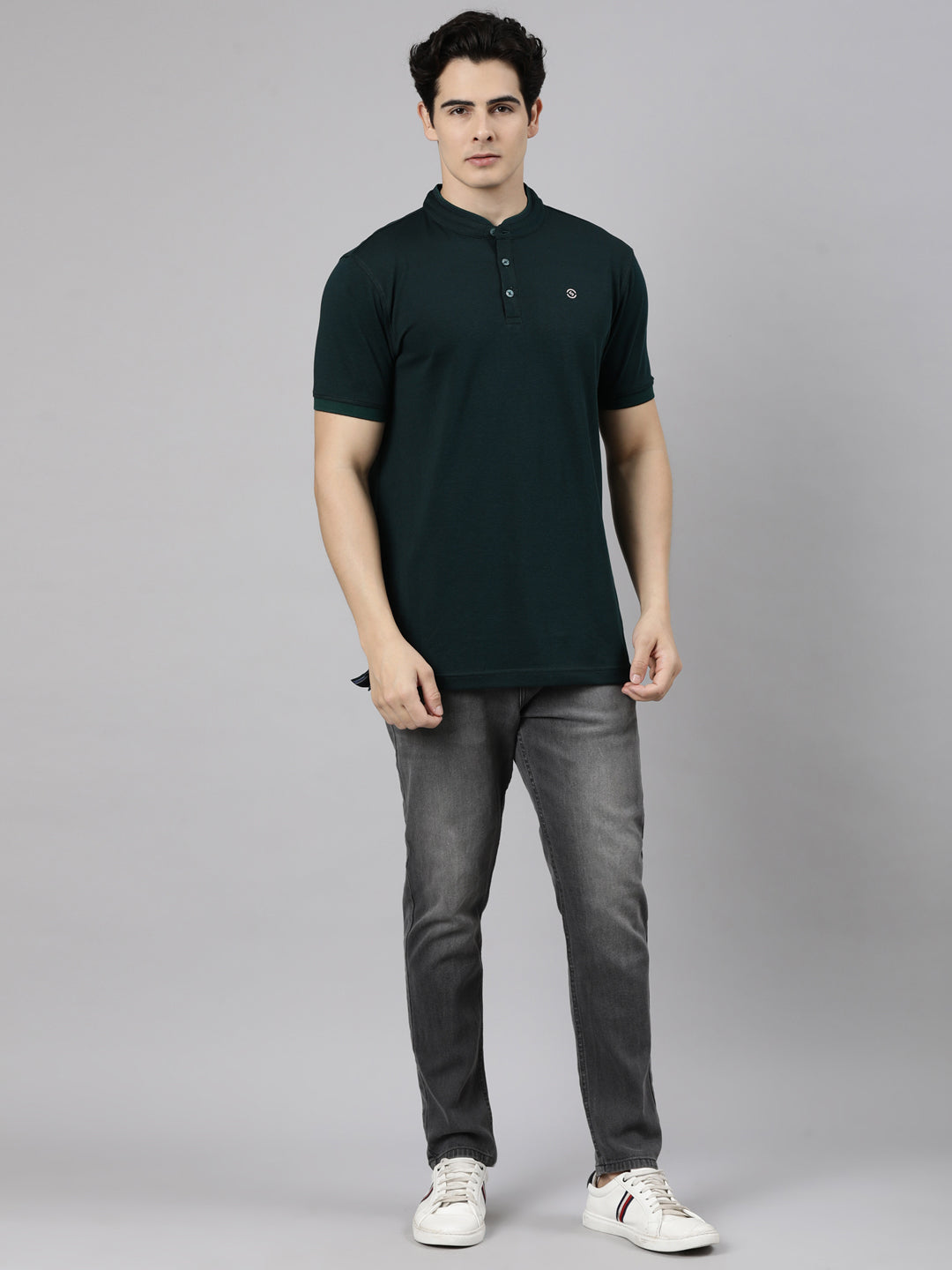 Classic Polo Men's Half Sleeve Emerald Green Mandarin Collar Slim Fit Solid Cotton T-Shirt | PRM - 813 B SF P