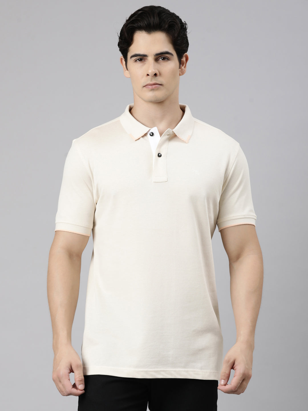 Classic Polo Men's Half Sleeve Cream Polo Neck Slim Fit Solid Cotton T-Shirt | PRM - 827 B SF P