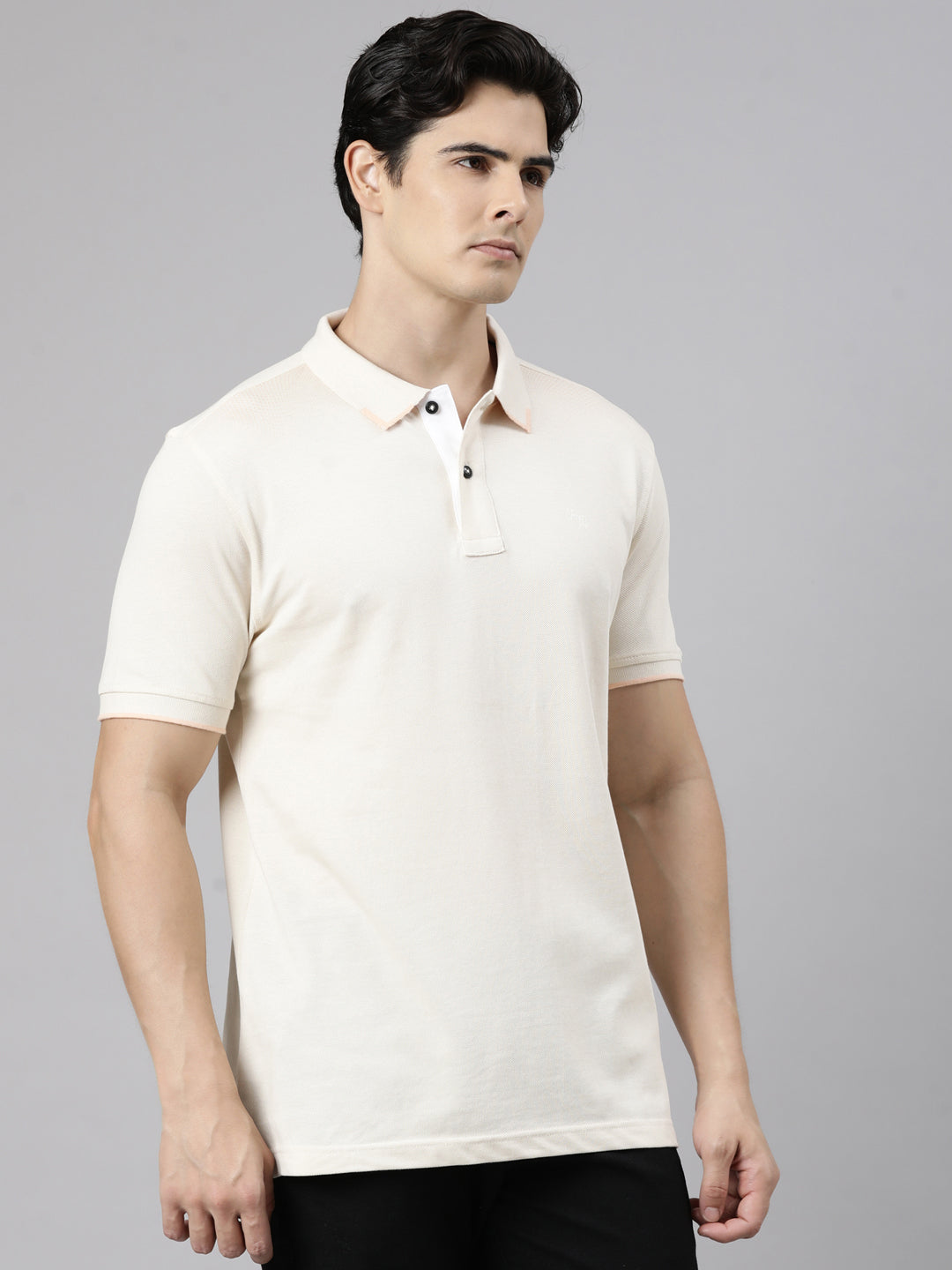 Classic Polo Men's Half Sleeve Cream Polo Neck Slim Fit Solid Cotton T-Shirt | PRM - 827 B SF P