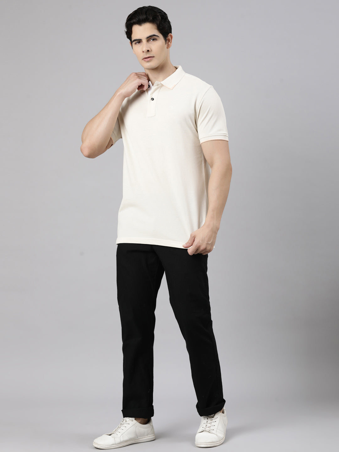 Classic Polo Men's Half Sleeve Cream Polo Neck Slim Fit Solid Cotton T-Shirt | PRM - 827 B SF P