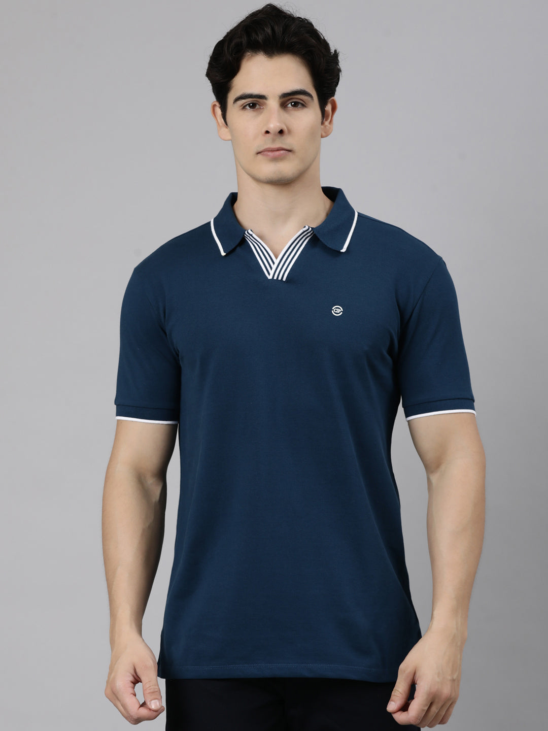 Classic Polo Men's Half Sleeve Navy Blue Polo Collar Slim Fit Solid Cotton Blend T-Shirt | RAVE POLO - 04 B SF P