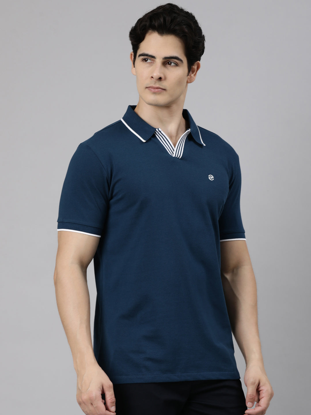 Classic Polo Men's Half Sleeve Navy Blue Polo Collar Slim Fit Solid Cotton Blend T-Shirt | RAVE POLO - 04 B SF P
