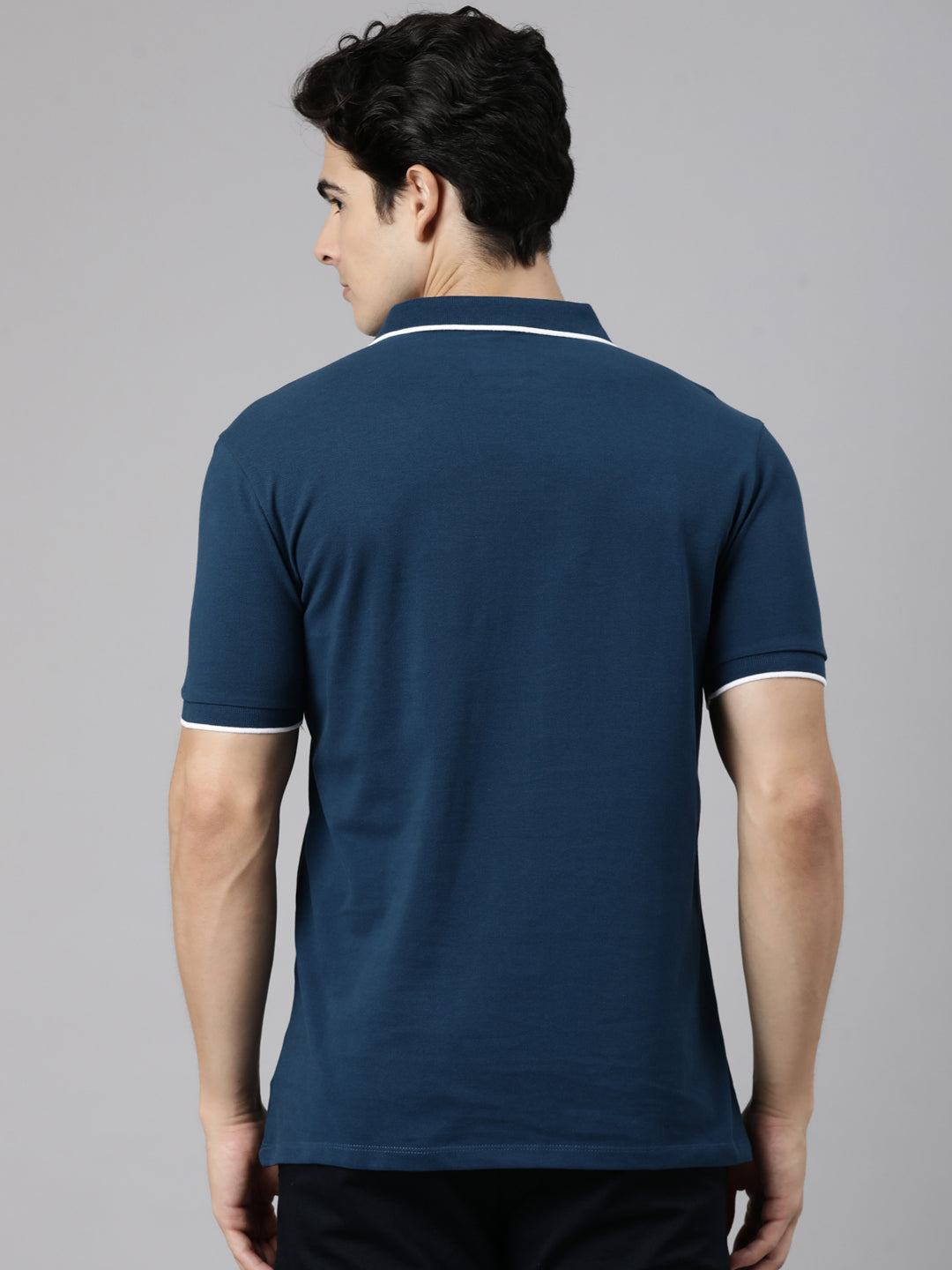Classic Polo Men's Half Sleeve Navy Blue Polo Collar Slim Fit Solid Cotton Blend T-Shirt | RAVE POLO - 04 B SF P