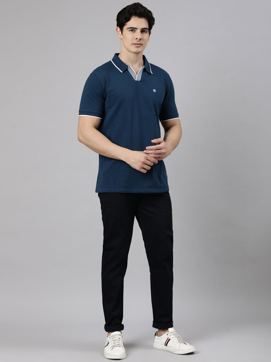 Classic Polo Men's Half Sleeve Navy Blue Polo Collar Slim Fit Solid Cotton Blend T-Shirt | RAVE POLO - 04 B SF P