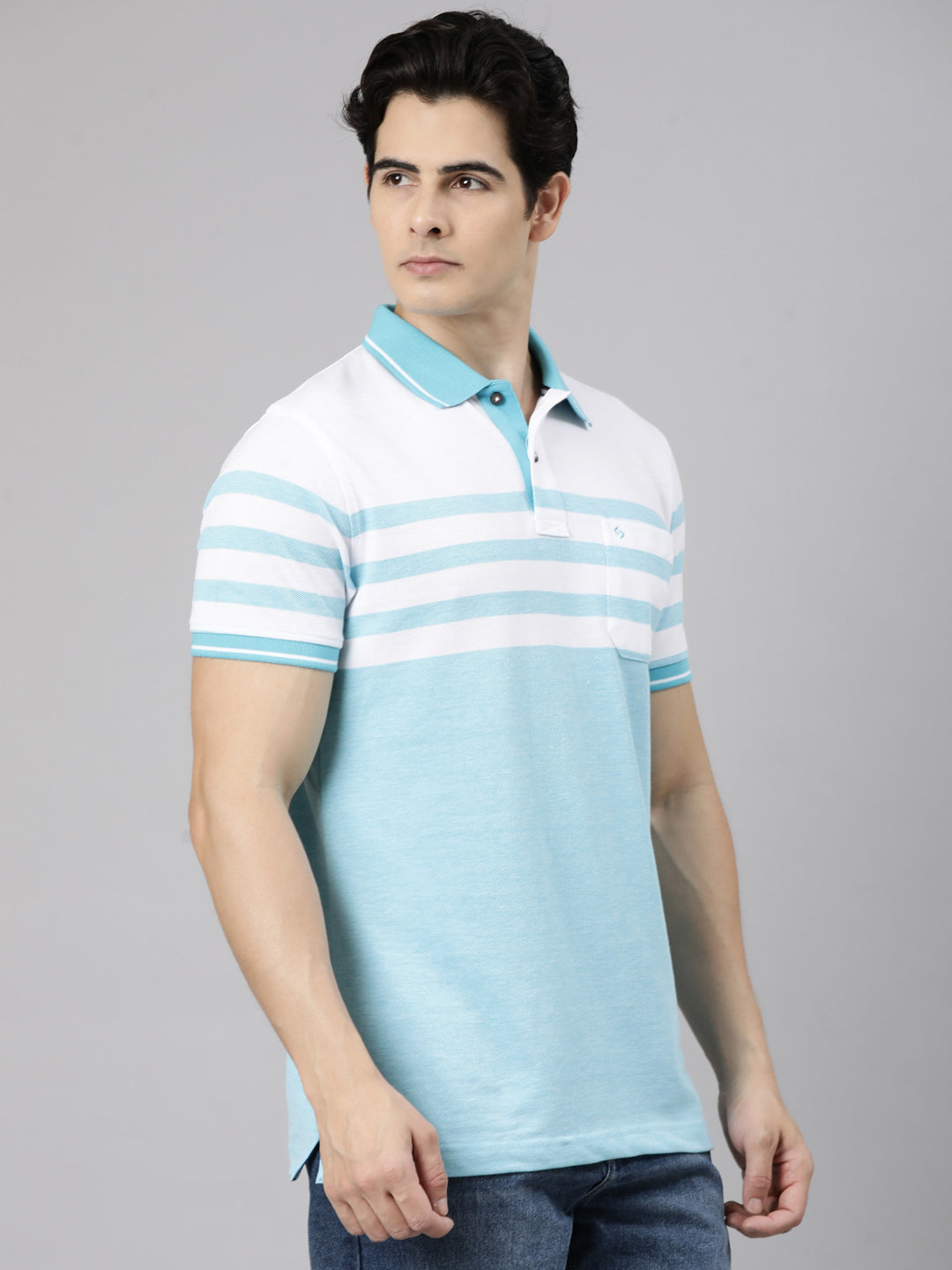 Classic Polo Men's Half Sleeve Blue Polo Neck Slim Fit Striped Cotton Blend T-Shirt | VTA - 328 B SF P