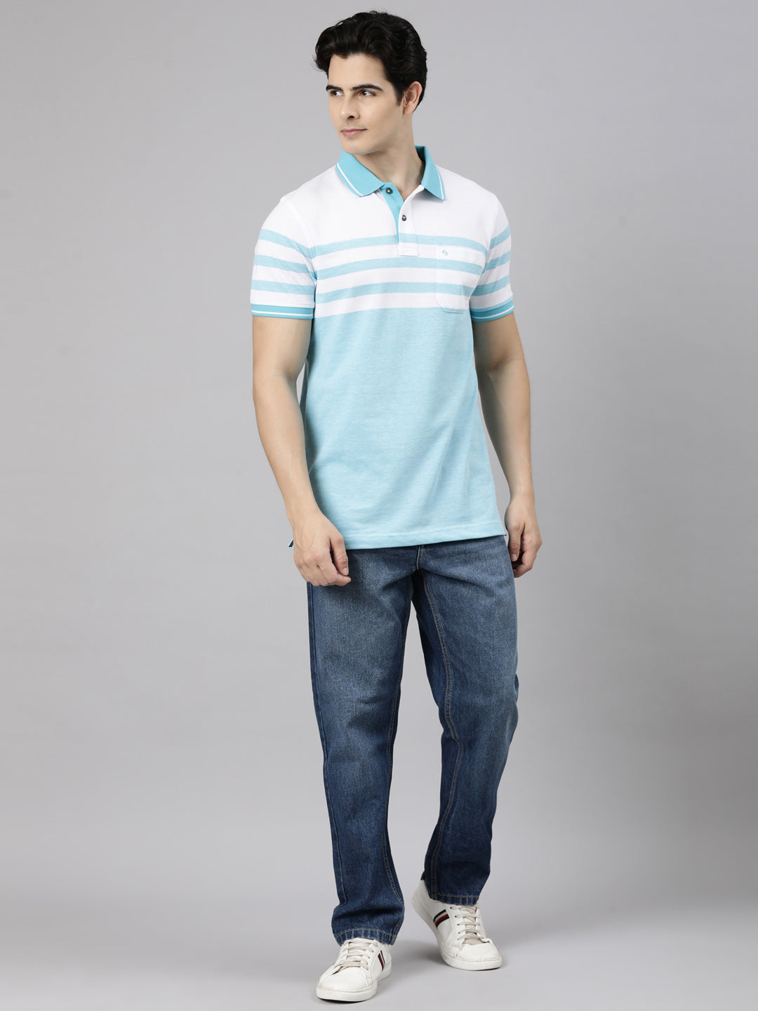 Classic Polo Men's Half Sleeve Blue Polo Neck Slim Fit Striped Cotton Blend T-Shirt | VTA - 328 B SF P
