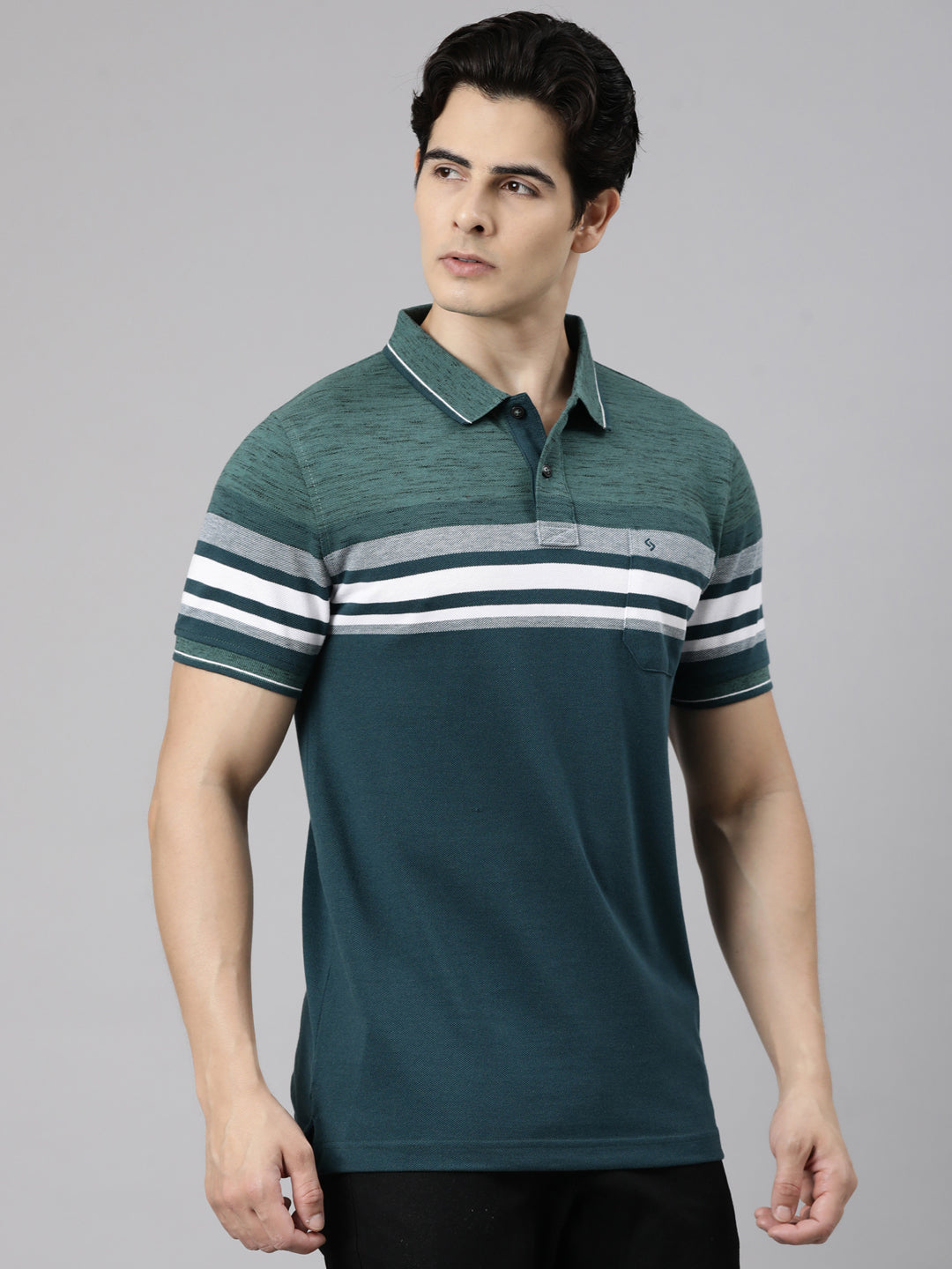 Classic Polo Men's Half Sleeve Dark Green Polo Neck Slim Fit Striped Cotton Blend T-Shirt | VTA - 330 B SF P
