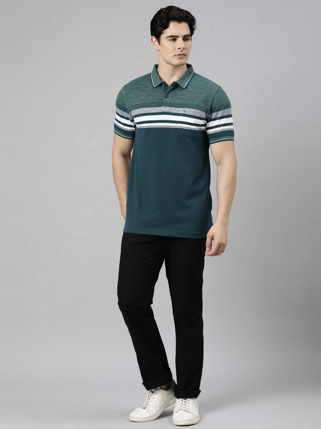 Classic Polo Men's Half Sleeve Dark Green Polo Neck Slim Fit Striped Cotton Blend T-Shirt | VTA - 330 B SF P