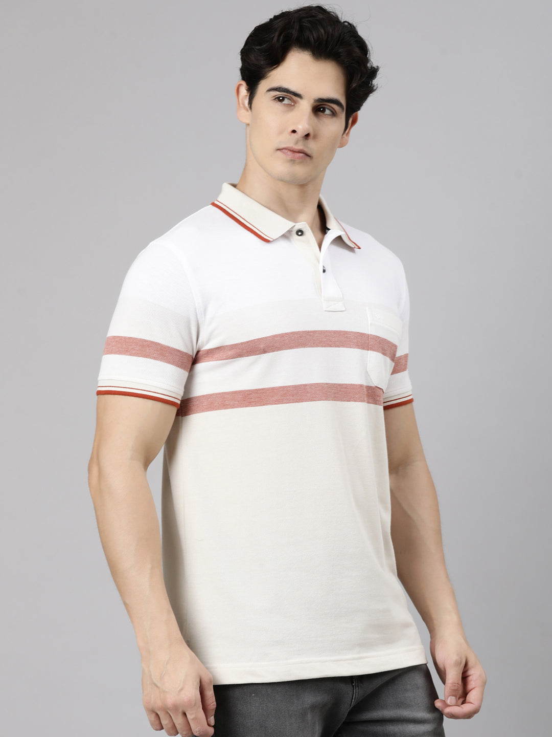 Classic Polo Men's Half Sleeve Cream Polo Neck Slim Fit Striped Cotton Blend T-Shirt | VTA - 334 B SF P