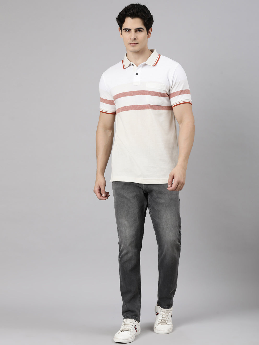 Classic Polo Men's Half Sleeve Cream Polo Neck Slim Fit Striped Cotton Blend T-Shirt | VTA - 334 B SF P