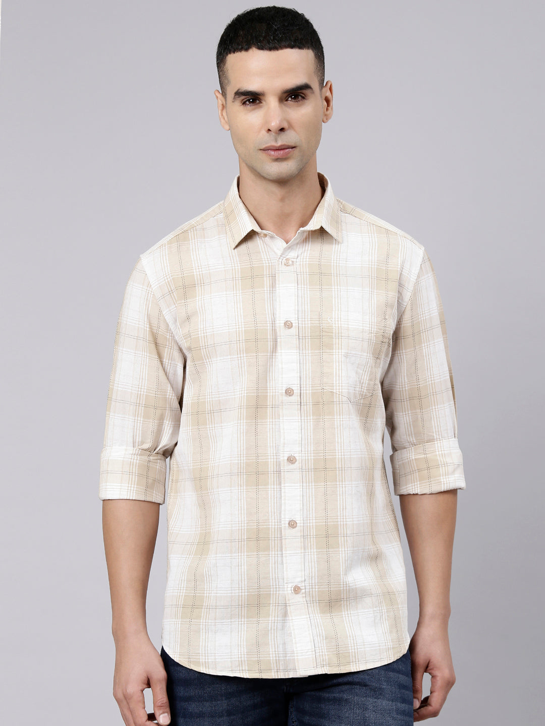 Classic Polo Men's Full Sleeve Beige Polo Neck Slim Fit Checked Cotton Casual Shirt | LSHR1-EL-03 A-FS-CHK-SF