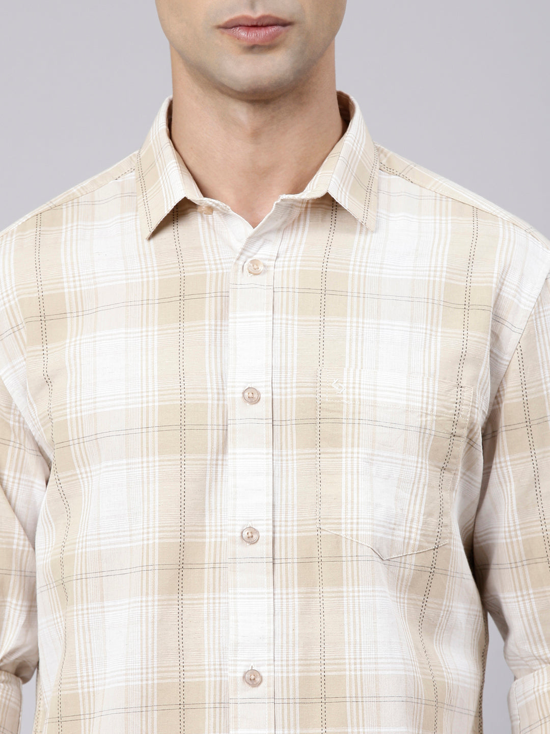 Classic Polo Men's Full Sleeve Beige Polo Neck Slim Fit Checked Cotton Casual Shirt | LSHR1-EL-03 A-FS-CHK-SF