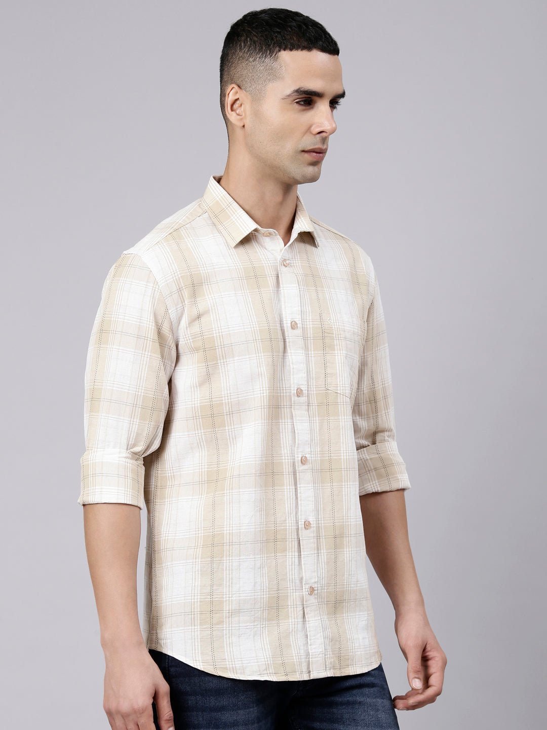 Classic Polo Men's Full Sleeve Beige Polo Neck Slim Fit Checked Cotton Casual Shirt | LSHR1-EL-03 A-FS-CHK-SF