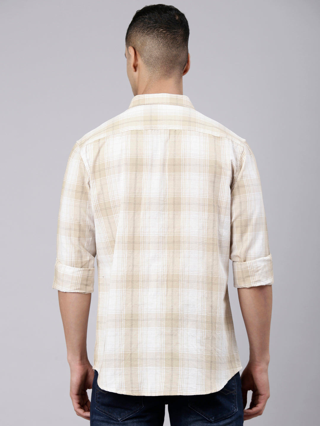 Classic Polo Men's Full Sleeve Beige Polo Neck Slim Fit Checked Cotton Casual Shirt | LSHR1-EL-03 A-FS-CHK-SF