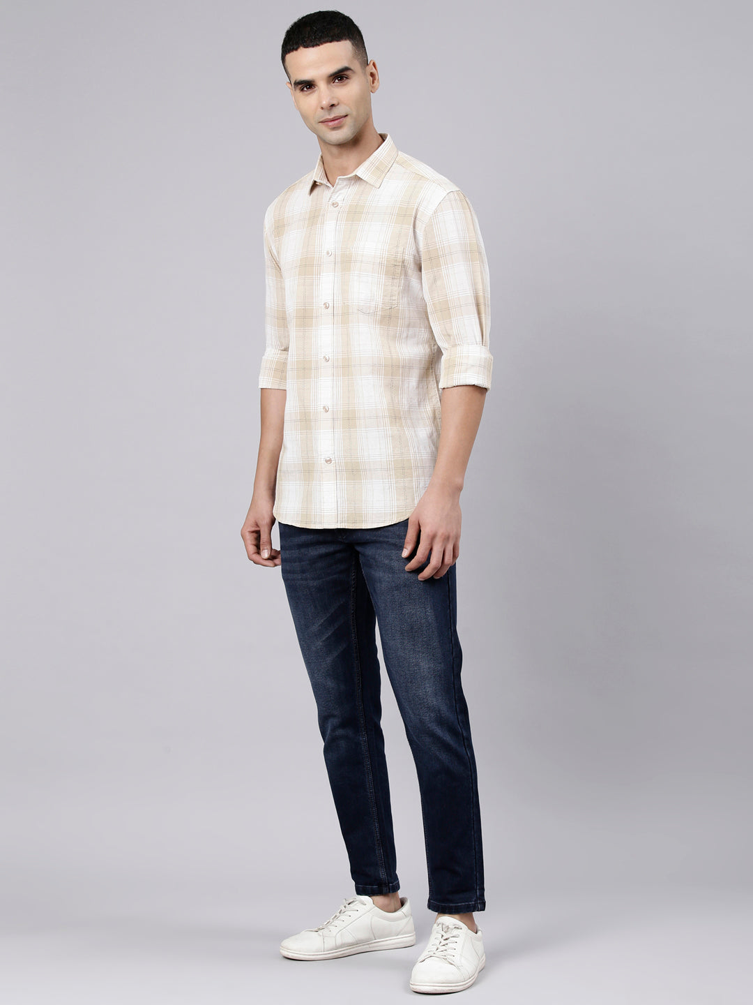 Classic Polo Men's Full Sleeve Beige Polo Neck Slim Fit Checked Cotton Casual Shirt | LSHR1-EL-03 A-FS-CHK-SF