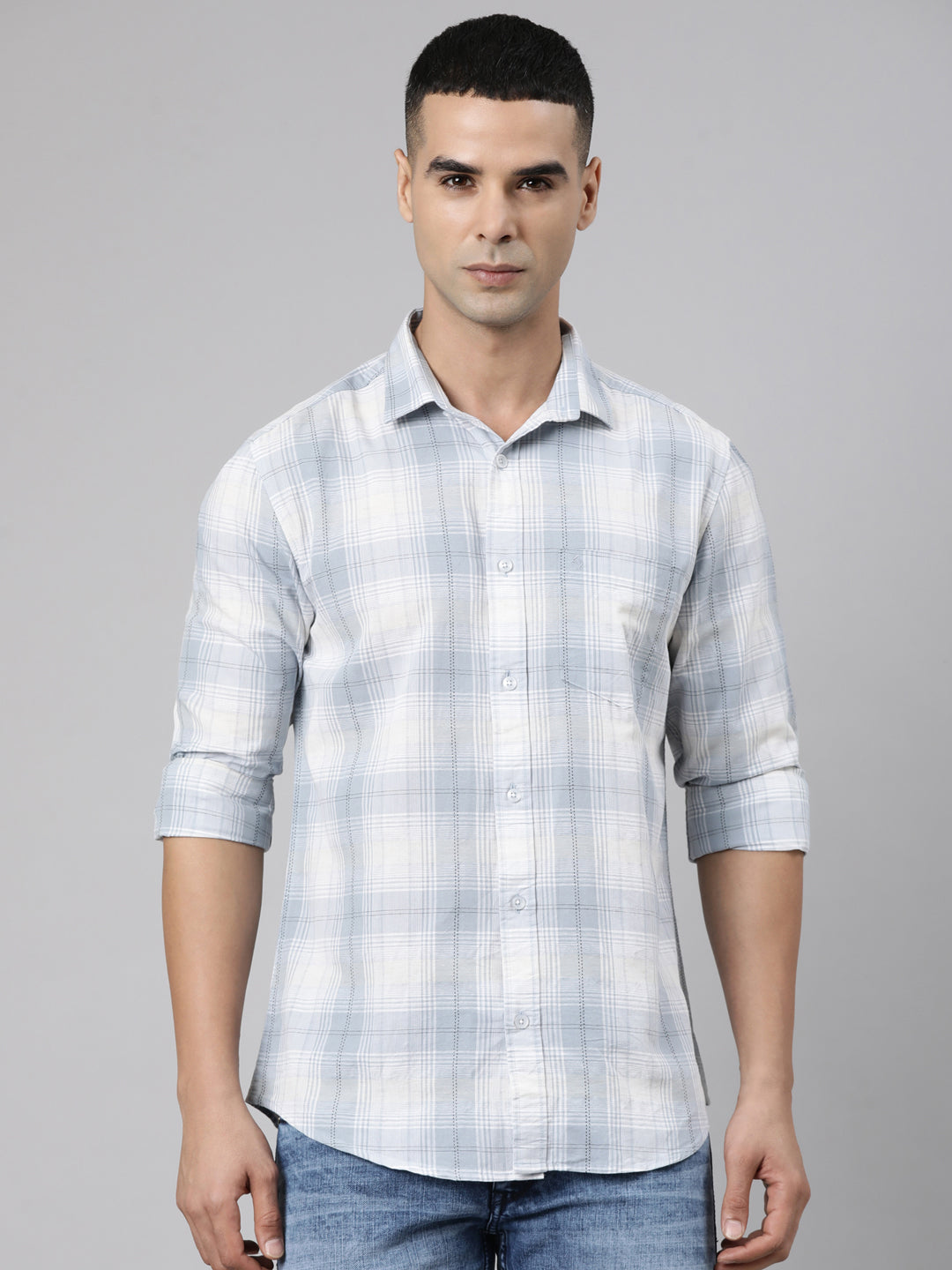 Classic Polo Men's Full Sleeve Grey Polo Neck Slim Fit Checked Cotton Casual Shirt | LSHR1-EL-03 B-FS-CHK-SF