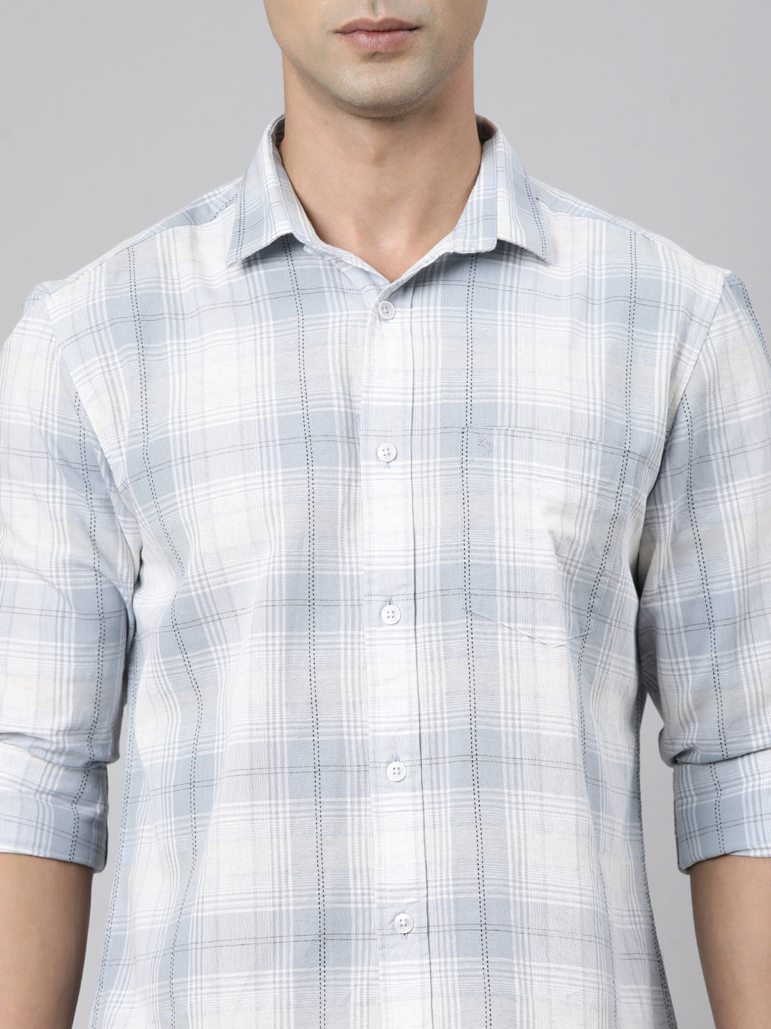 Classic Polo Men's Full Sleeve Grey Polo Neck Slim Fit Checked Cotton Casual Shirt | LSHR1-EL-03 B-FS-CHK-SF