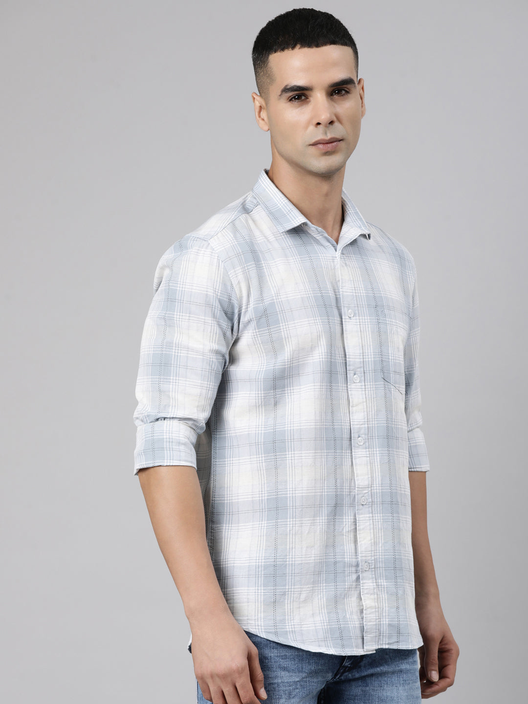 Classic Polo Men's Full Sleeve Grey Polo Neck Slim Fit Checked Cotton Casual Shirt | LSHR1-EL-03 B-FS-CHK-SF
